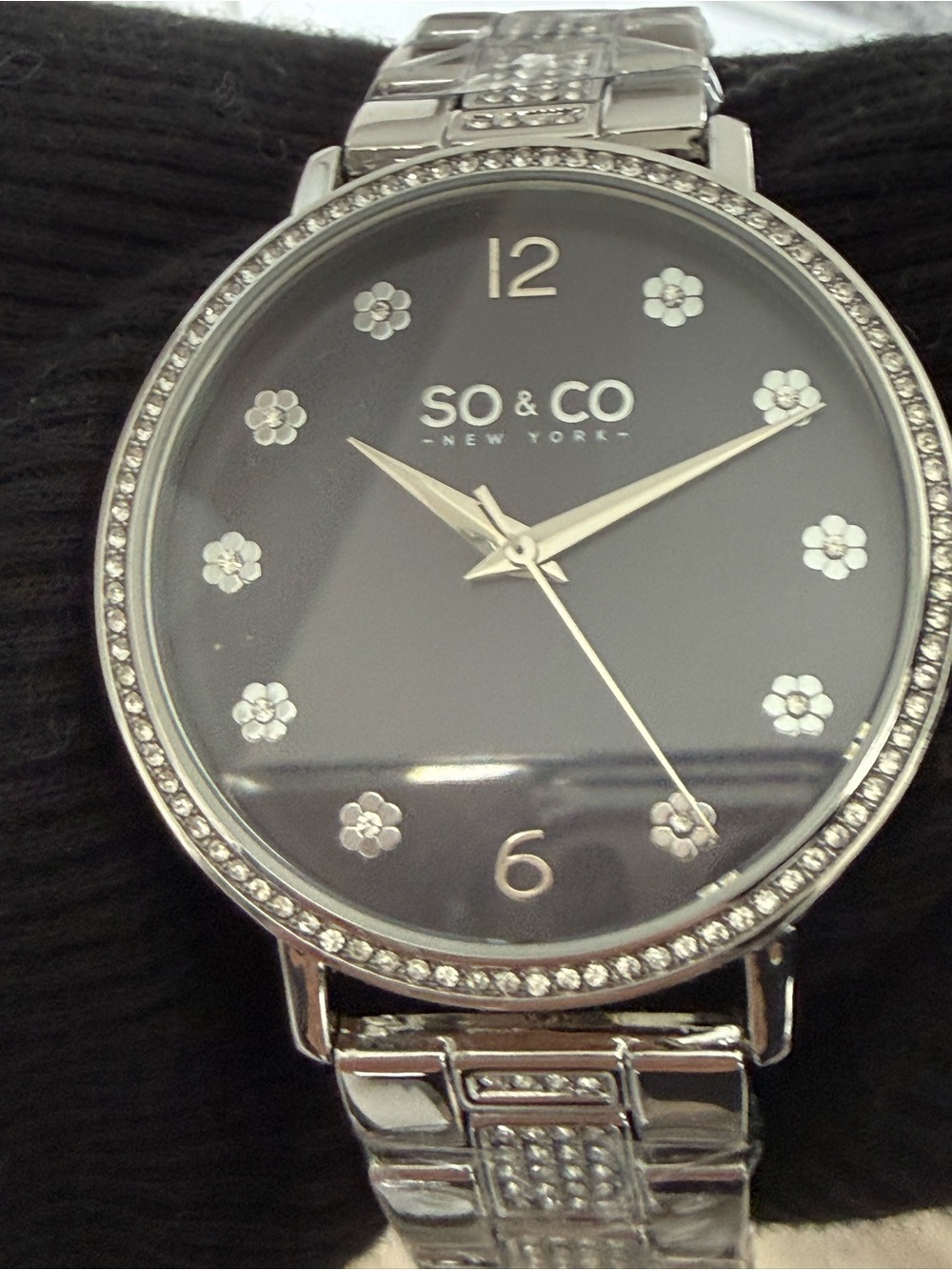 Women's Silver Watch with Black Dial and Crystal Accents